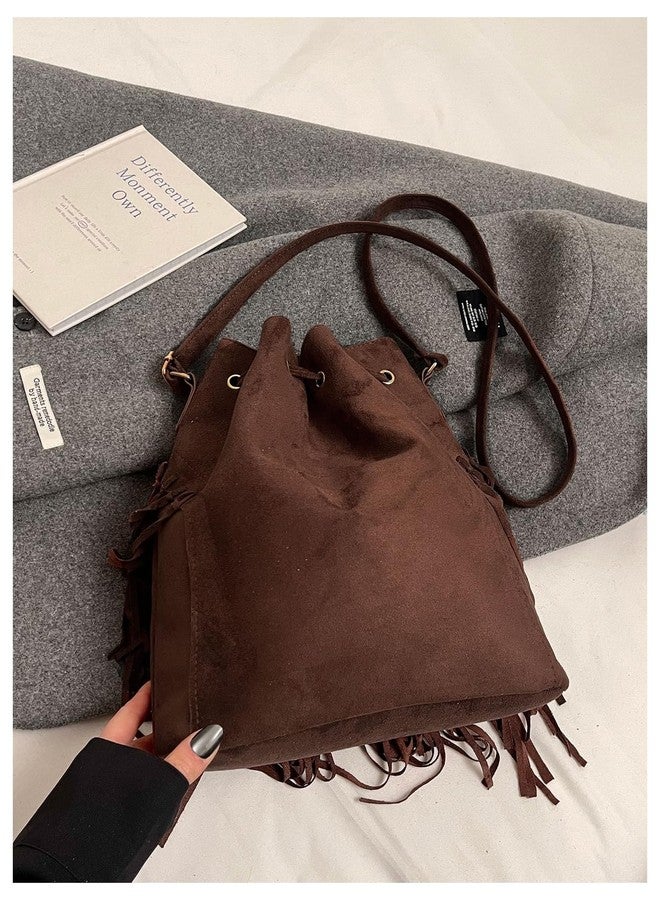 MakeMeChic Women's Fringe Single Strap Shoulder Handbags Suede Drawstring Crossbody Bag Brown One Size - Image 2