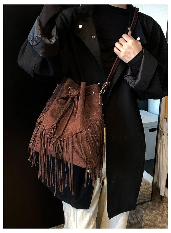 MakeMeChic Women's Fringe Single Strap Shoulder Handbags Suede Drawstring Crossbody Bag Brown One Size - Image 3