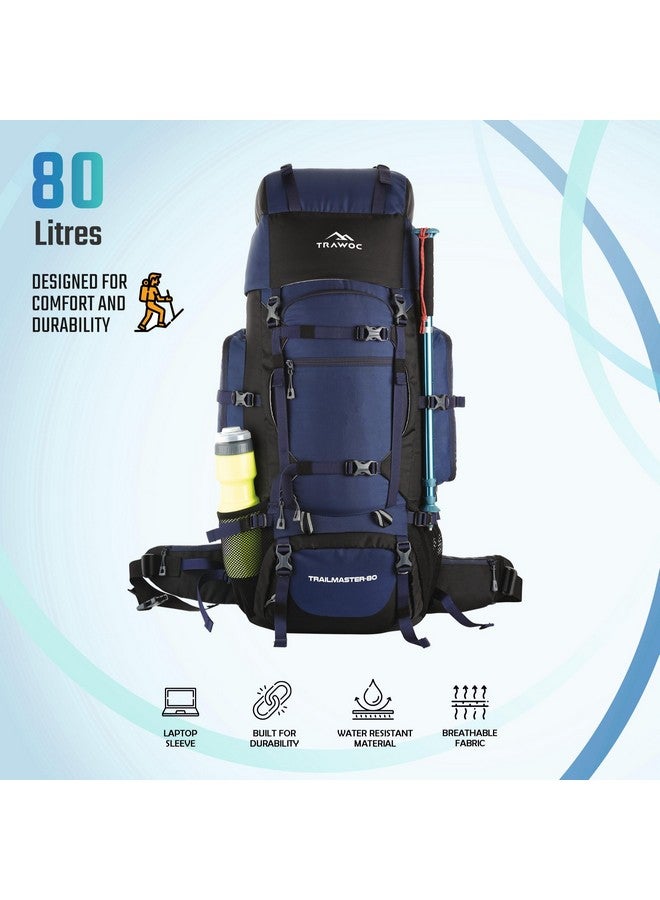 Trawoc حقيبة ظهر TRAWOC TRAILMASTER 80L للرجال والنساء، حقيبة مشي كبيرة مقاومة للماء، حقيبة سفر، زرقاء داكنة، ضمان 3 سنوات - Image 4