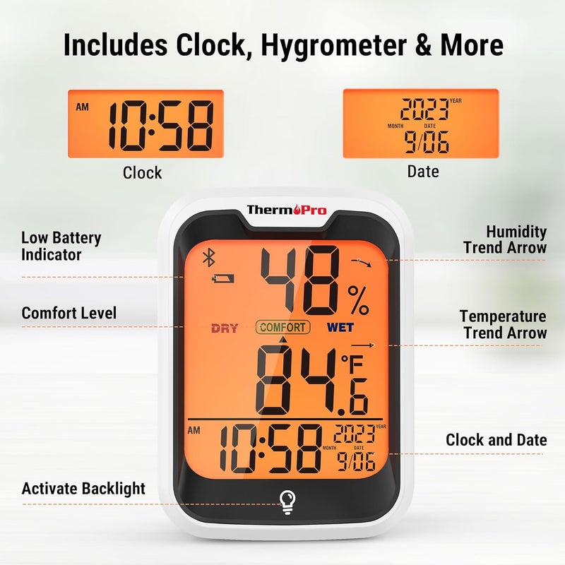 ThermoPro TP358 Bluetooth Thermometer for Room Temperature with Built-in Clock, Smart Temperature Sensor and Humidity Meter with Backlit, 260Ft Hygrometer Indoor Thermometer for Home Greenhouse - Image 5