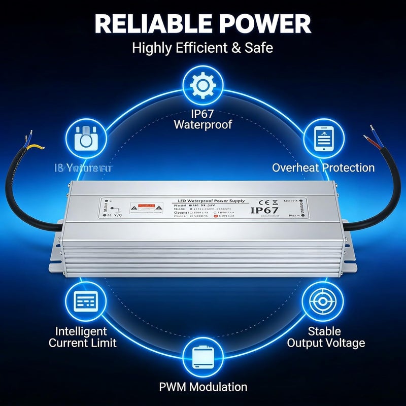 24V 150W LED Driver Power Supply, IP67 Aluminum Shell, 6.25A Output Current - Stable Voltage Output, Multiple Protections, Ideal for Indoor LED Lighting - Image 5