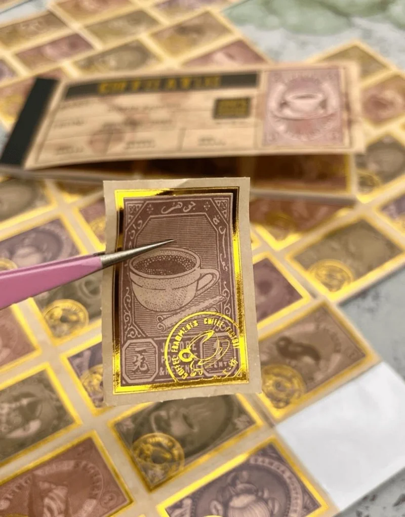 Kağıt Gemi Dükkan Paper Ship Shop Gold Gilt Vintage Coffee Themed Stamps Notebook Sticker/Decal/Bullet Journal/Scrapbook