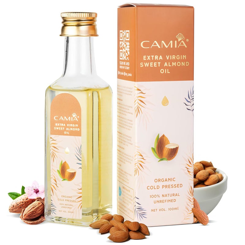 CAMIA Premium Sweet Almond Oil for Hair Growth Glowing Skin  Face  100 Natural  Odorless VitaminE Enriched Coldpressed Oil For Soft Shiny  Dandruff Free Hair  100 ML Glass Bottle - Image 1