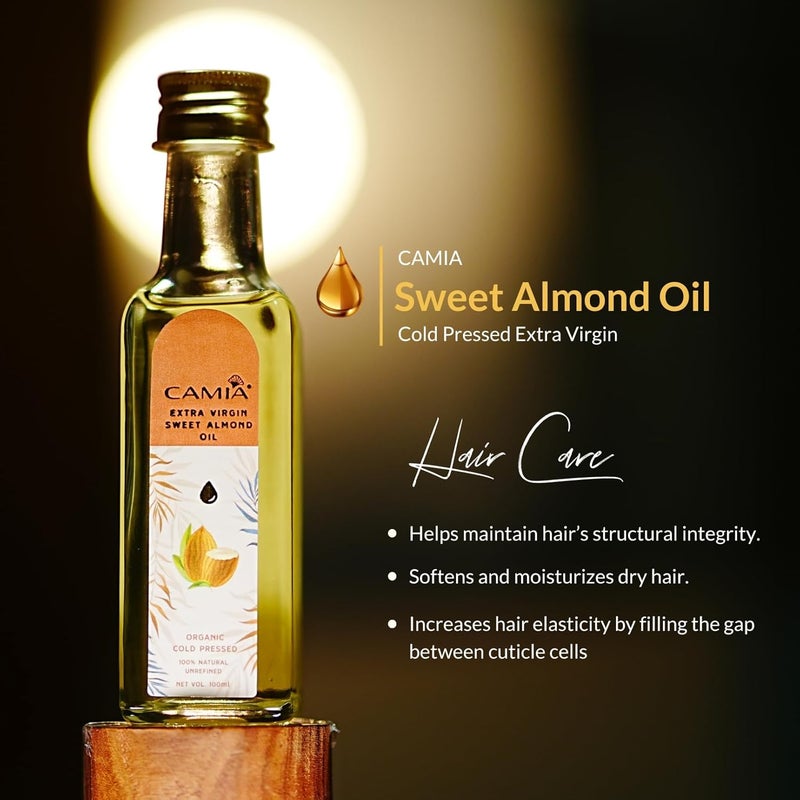 CAMIA Premium Sweet Almond Oil for Hair Growth Glowing Skin  Face  100 Natural  Odorless VitaminE Enriched Coldpressed Oil For Soft Shiny  Dandruff Free Hair  100 ML Glass Bottle - Image 4