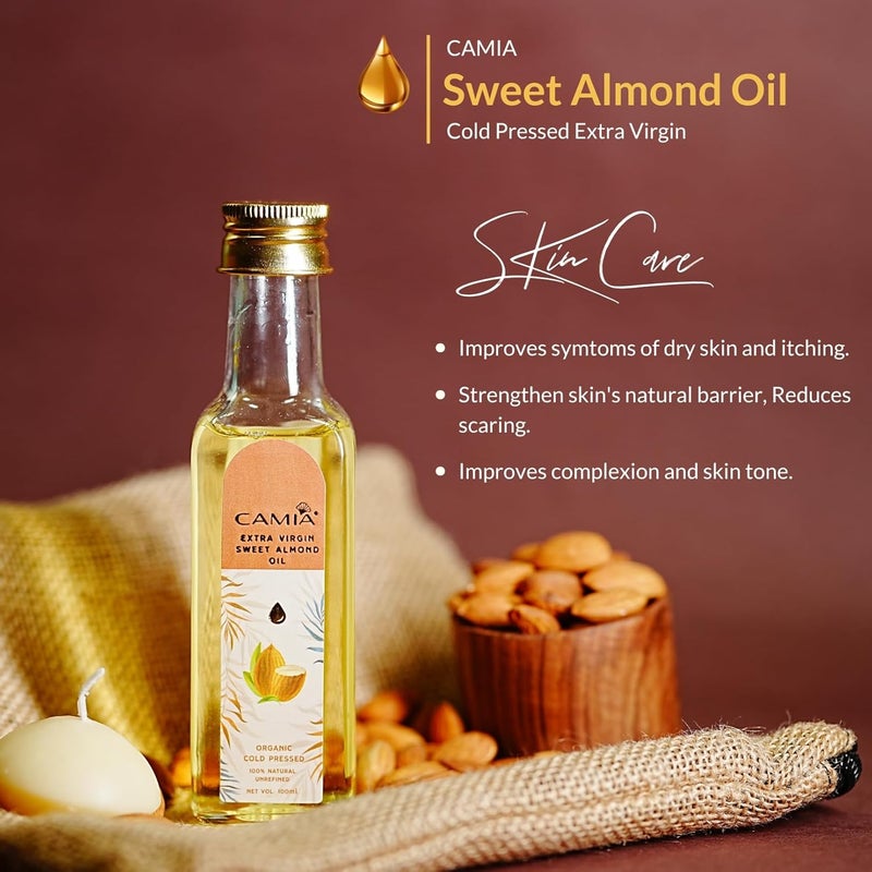 CAMIA Premium Sweet Almond Oil for Hair Growth Glowing Skin  Face  100 Natural  Odorless VitaminE Enriched Coldpressed Oil For Soft Shiny  Dandruff Free Hair  100 ML Glass Bottle - Image 5
