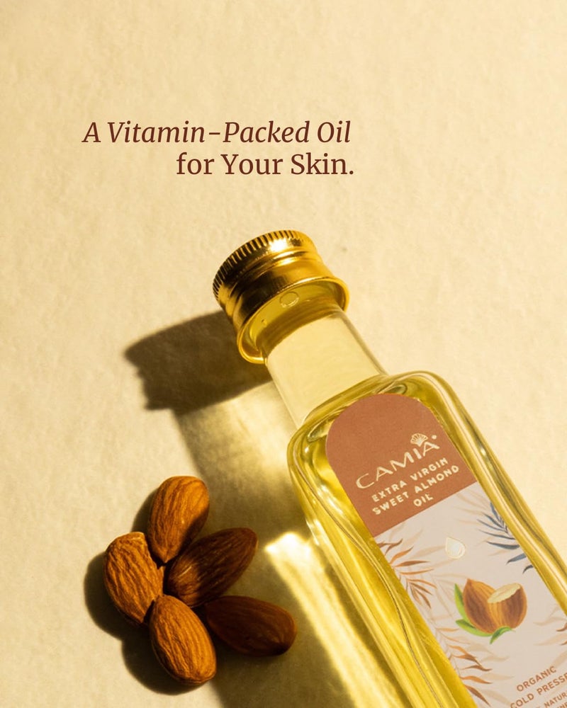 CAMIA Premium Sweet Almond Oil for Hair Growth Glowing Skin  Face  100 Natural  Odorless VitaminE Enriched Coldpressed Oil For Soft Shiny  Dandruff Free Hair  100 ML Glass Bottle - Image 2