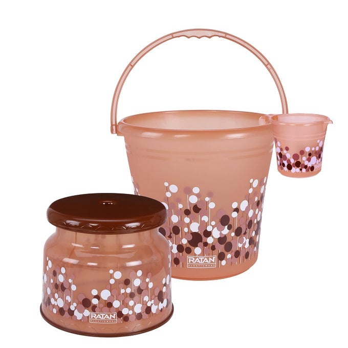 RATAN PLASTICS FROSTY BUBBLE PRINT PACK OF 3 BATHROOM SET 20L BUCKET X 115L MUG X 1 NOVA PATLA STOOL 107 X 1 BROWN