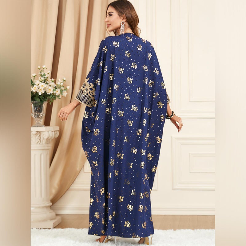IDOPIP Abayas for Women Muslim Ramadan Dress Batwing Sleeves Floral Maxi Moroccan Kaftan Dresses Pakistani Eid Muslim Wedding Dresses Embroidery Islamic Dubai Robe Prayer Clothes Dark Blue One Size - Image 5
