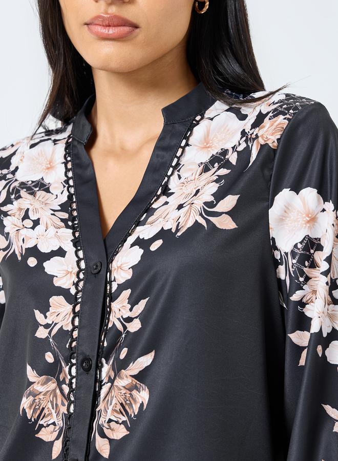 Styli Black Floral Print Balloon Sleeve Blouse - Image 4
