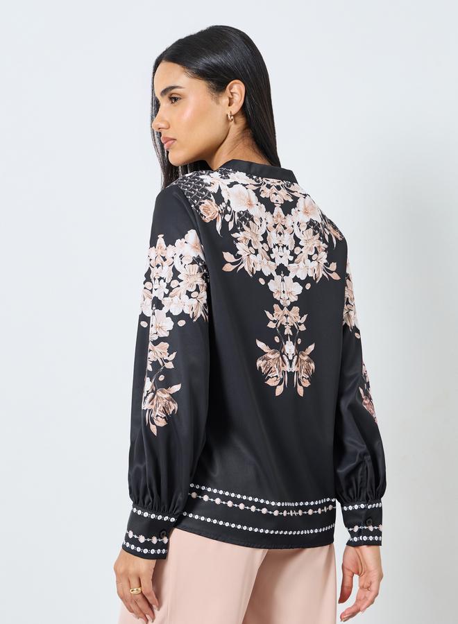 Styli Black Floral Print Balloon Sleeve Blouse - Image 5