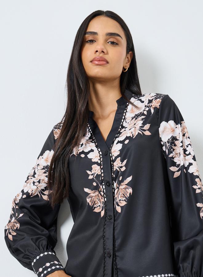 Styli Black Floral Print Balloon Sleeve Blouse - Image 3