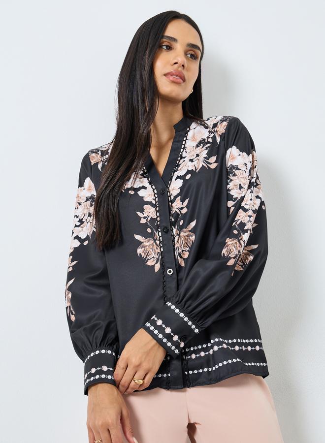 Styli Black Floral Print Balloon Sleeve Blouse - Image 1