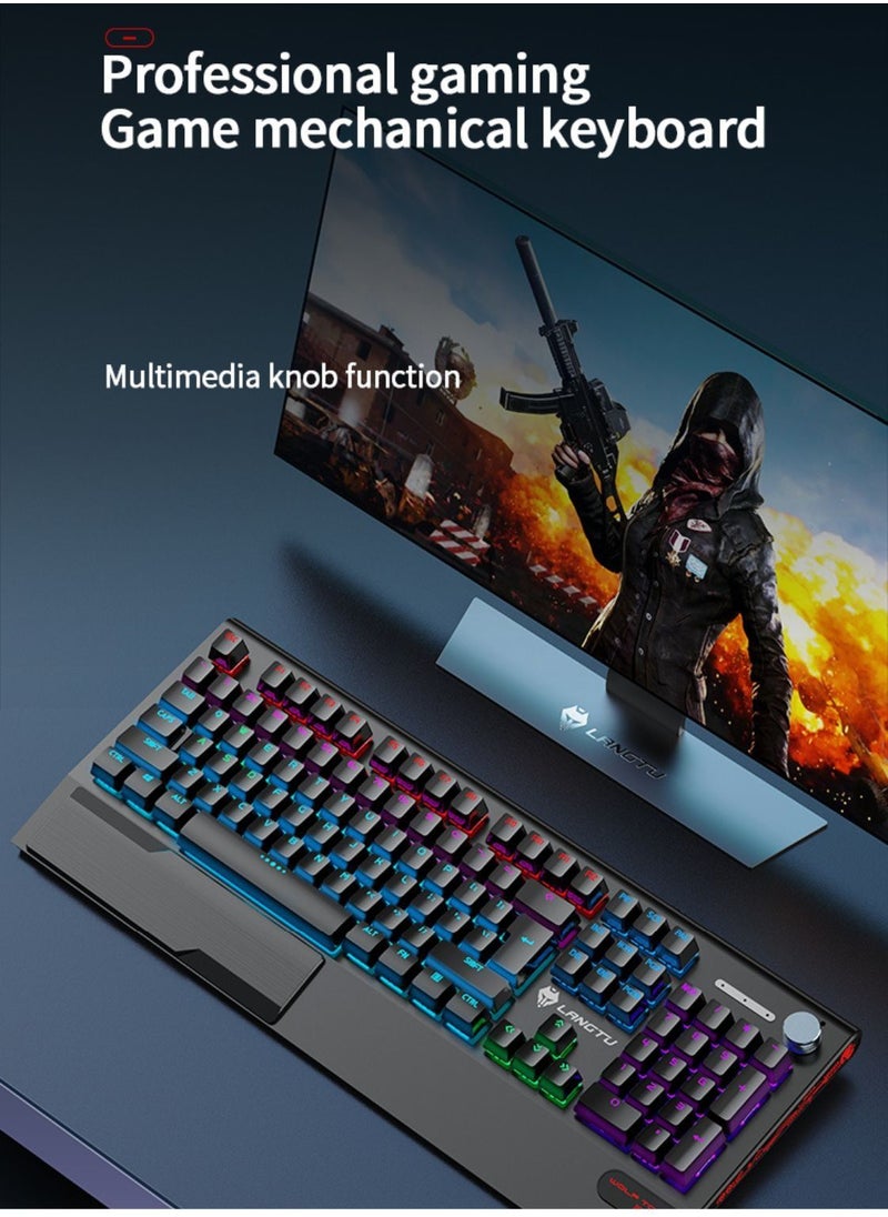 LANGTU - 104-Key NKRO Mechanical Keyboard Black with Multi-Function Rotary Knob Wrist Rest 8 RGB Backlight Modes Black Switch - Image 1