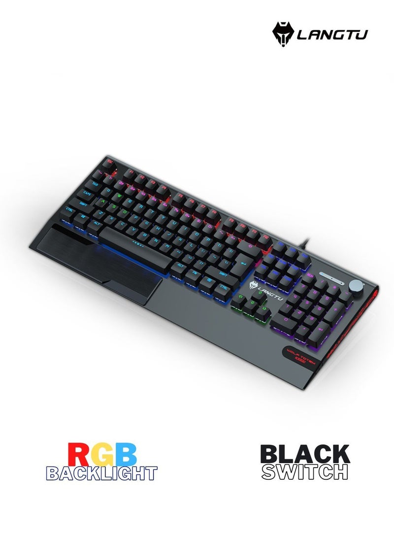 LANGTU - 104-Key NKRO Mechanical Keyboard Black with Multi-Function Rotary Knob Wrist Rest 8 RGB Backlight Modes Black Switch - Image 1