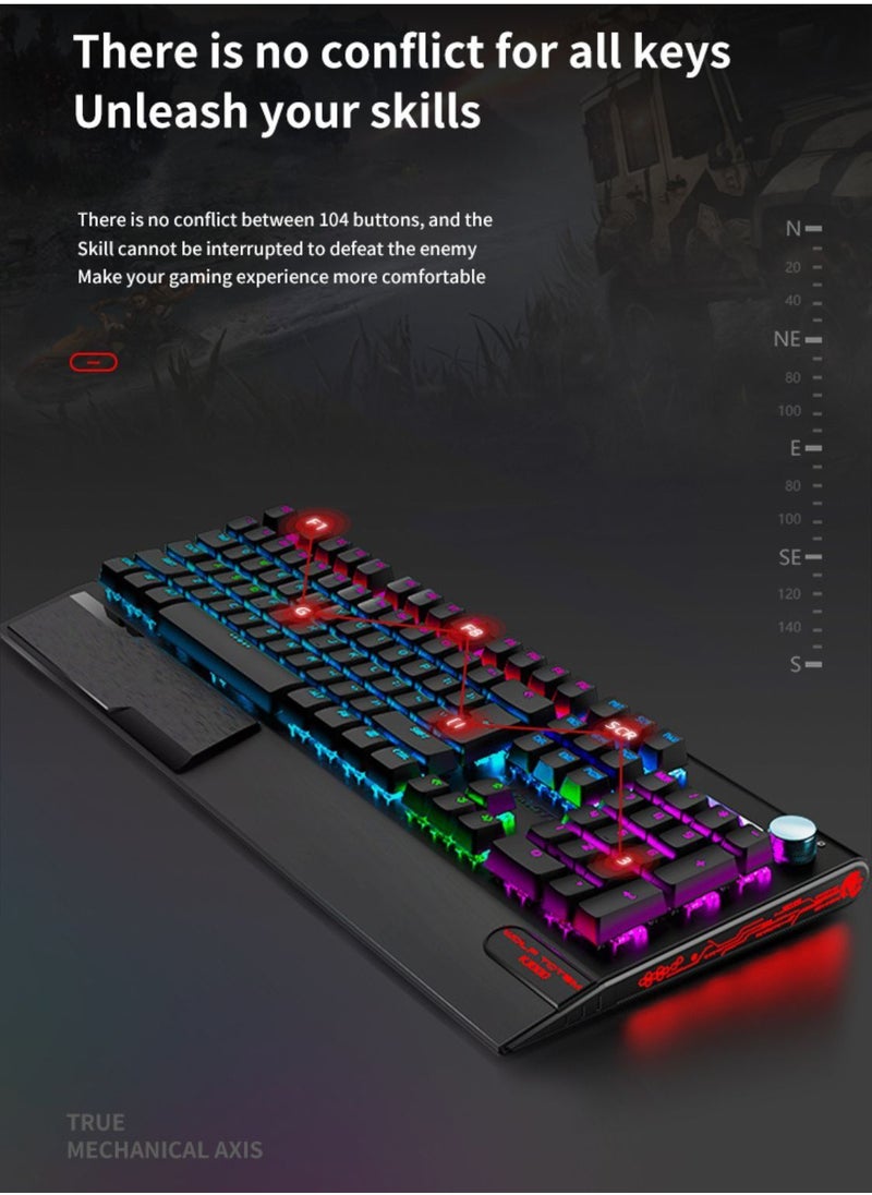LANGTU - 104-Key NKRO Mechanical Keyboard Black with Multi-Function Rotary Knob Wrist Rest 8 RGB Backlight Modes Black Switch - Image 1