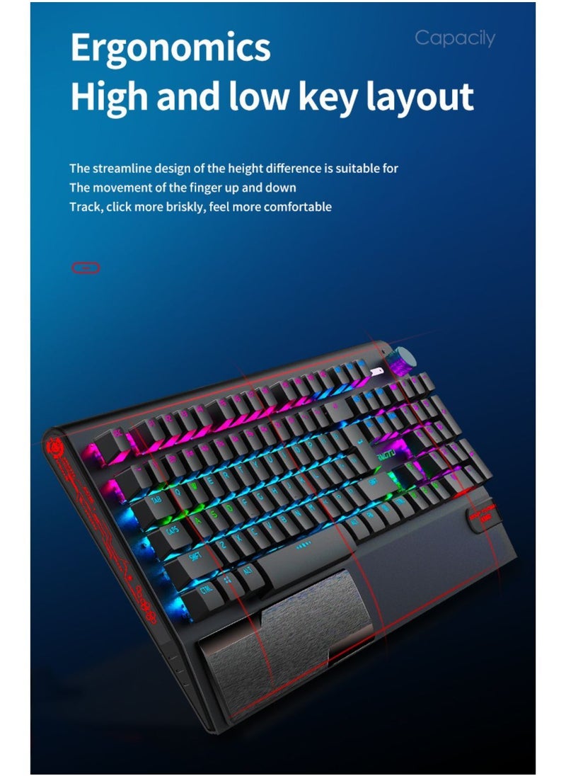 LANGTU - 104-Key NKRO Mechanical Keyboard Black with Multi-Function Rotary Knob Wrist Rest 8 RGB Backlight Modes Black Switch - Image 1