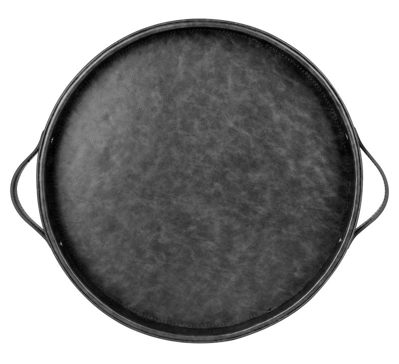 HofferRuffer HofferRuffer Top Nocth PU Leather Round Serving Tray Decorative Serving Tray with Handles Coffee Tray Ottoman Tray for Home Or Office Diameter 146inch Dark Grey 