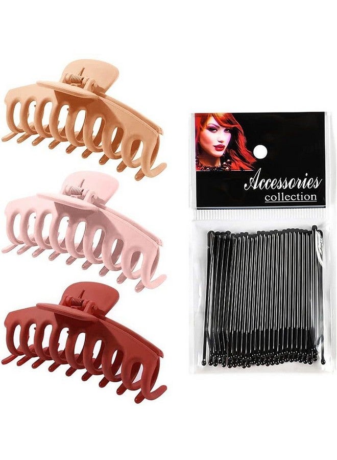 Blubby Hair Claw Clips Anti Slip Design Large Hair Clips for Thick Hair - Strong Hold for Women and Girls 3 Pack + 20 Piece Black Clip Pins (Bean Red + Brown + Wine Red)