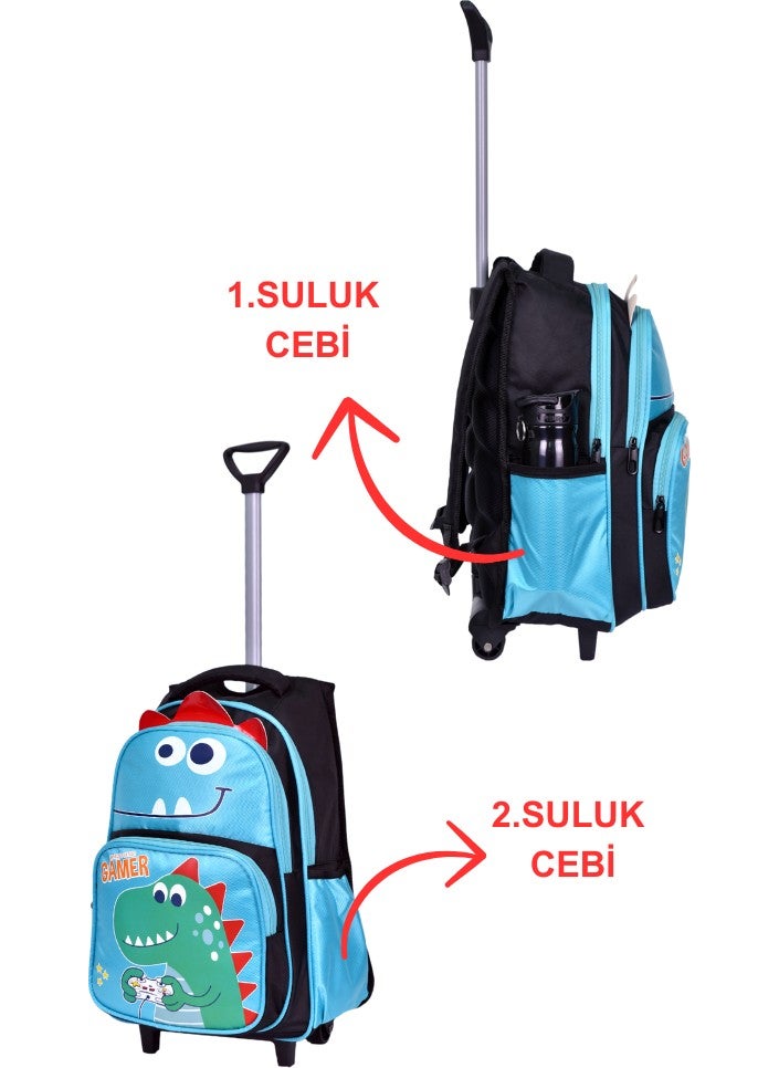 Çantaland Wheeled Black Dinosaur Printed, Orthopedic Back Featured, Primary School Bag + Lunch Box  - Image 2