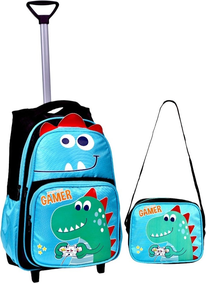 Çantaland Wheeled Black Dinosaur Printed, Orthopedic Back Featured, Primary School Bag + Lunch Box  - Image 1