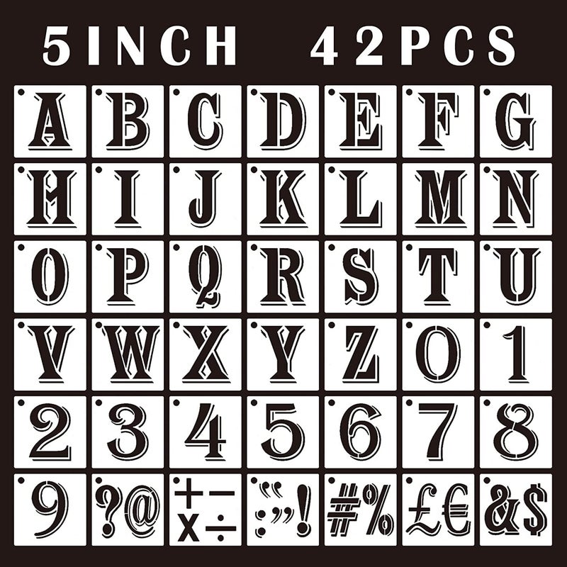 DEQUERA Dequera 5 inch Letter Stencils and Numbers Reusable Plastic 42Pcs Alphabet Art Craft Stencils Number Symbol Templates Letter Stencils for Wood Wall Script BoatFabric Rock Chalkboard Signage