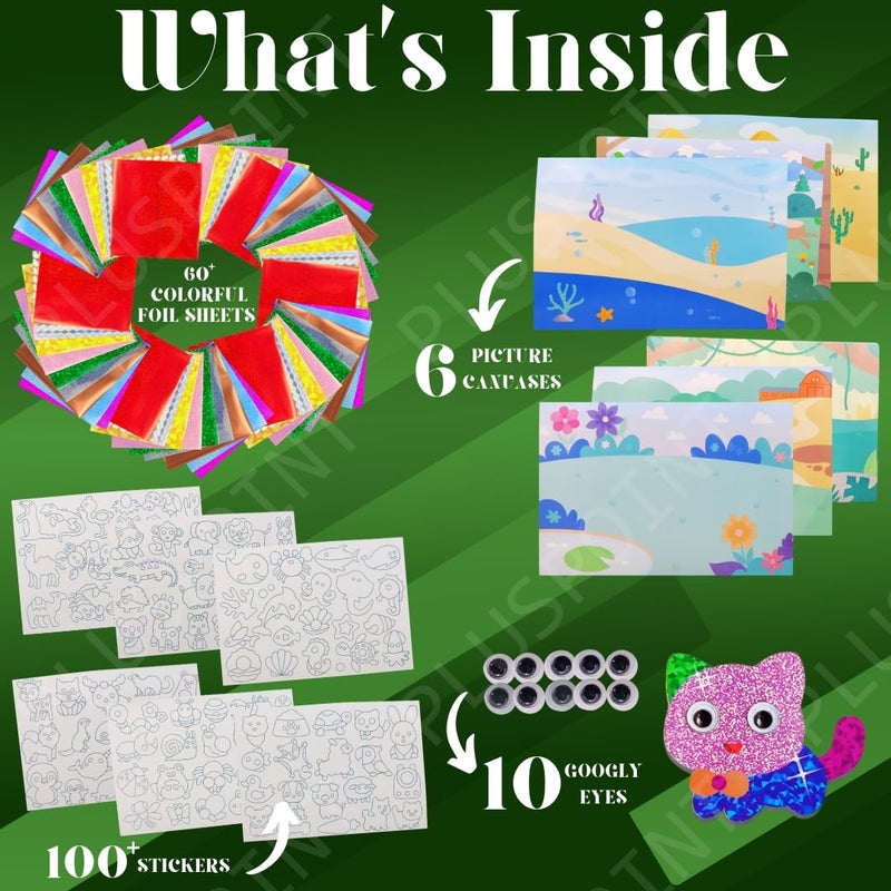 PLUSPOINT Foil Art Kit for Kids Animals Theme 100+ Foam Stickers Arts and Crafts, No Mess Art for Kids, Fun Craft Kits & Supplies, DIY Creative Activities, Travel Toys Gifts for Girls & Boys Ages 5+ - Image 2