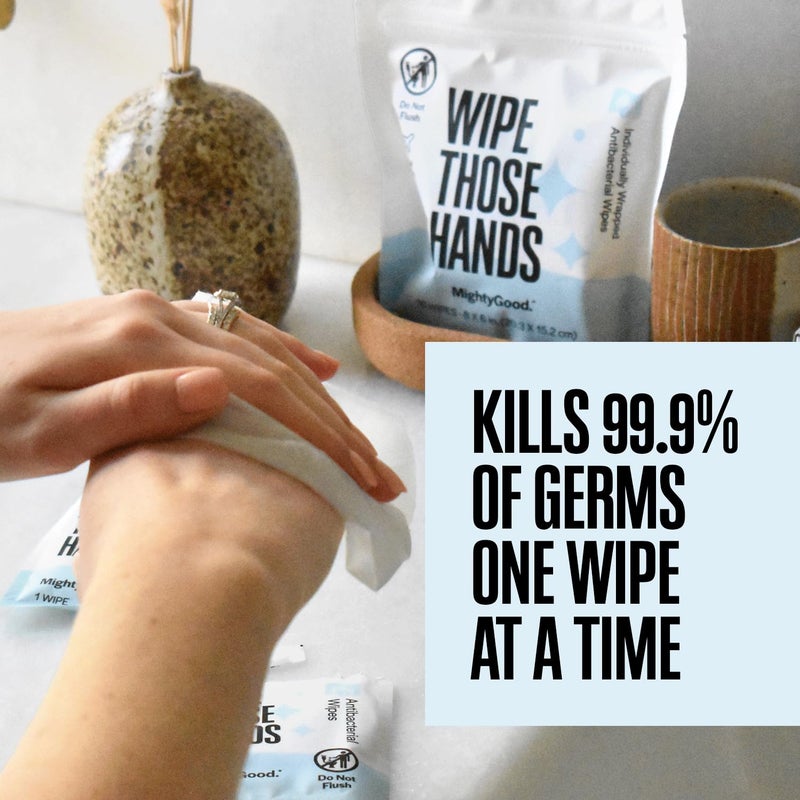 MightyGood. Wipe Those Hands On-The-Go Sanitizing Wipes -1 Pack of 30 Individually Wrapped Wipes - Alcohol & Fragrance-Free - Kills Germs Fast - Travel Friendly - Image 3