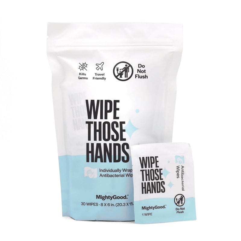 MightyGood. Wipe Those Hands On-The-Go Sanitizing Wipes -1 Pack of 30 Individually Wrapped Wipes - Alcohol & Fragrance-Free - Kills Germs Fast - Travel Friendly - Image 1