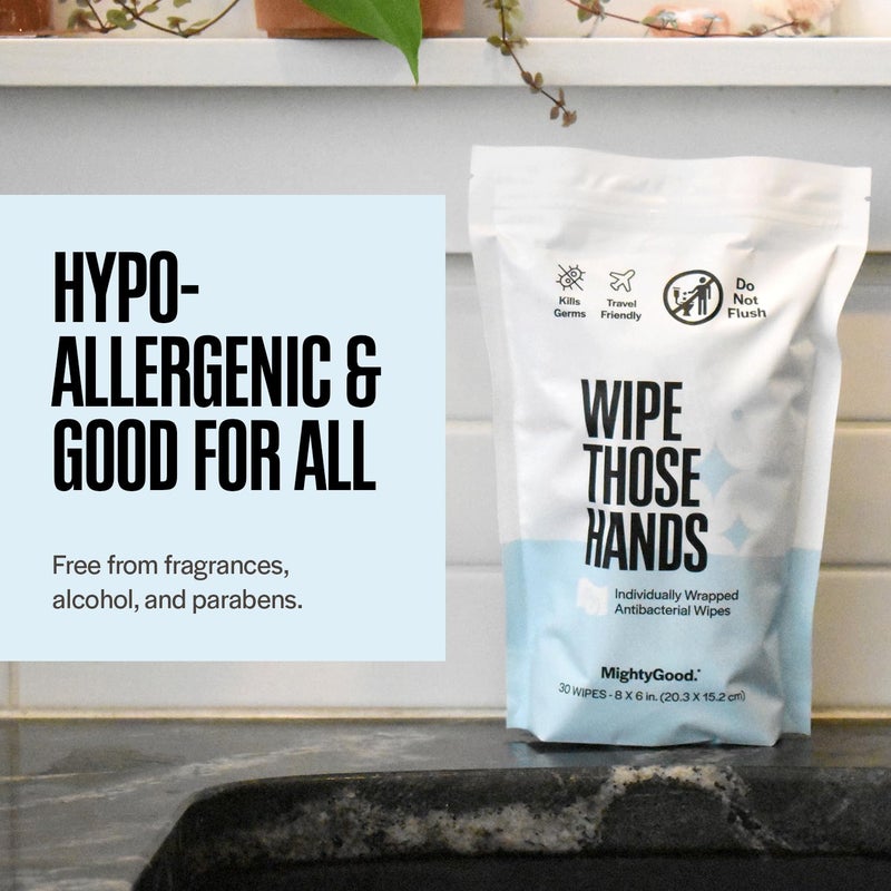 MightyGood. Wipe Those Hands On-The-Go Sanitizing Wipes -1 Pack of 30 Individually Wrapped Wipes - Alcohol & Fragrance-Free - Kills Germs Fast - Travel Friendly - Image 5