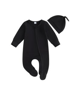 SKT Shiketro Baby Solid Color Zippered Foot-Covered Crawling Suit + Hat 