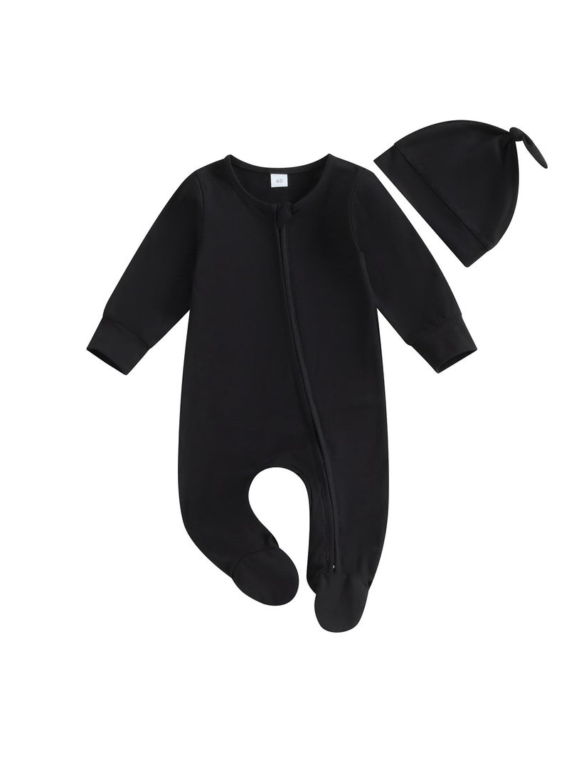 SKT Shiketro Baby Solid Color Zippered Foot-Covered Crawling Suit + Hat 