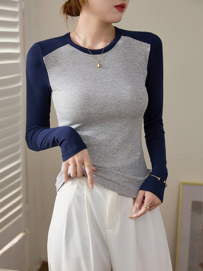 High-Quality Elastic Threaded Cotton Retro Color-Blocked Long-Sleeved T-Shirt For Women 2025 Slim-Fitting Inner Top Bottoming Shirt - Image 2