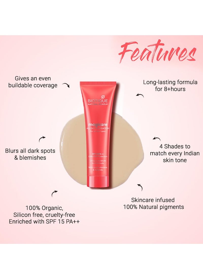 Biotique Natural Makeup Magicare Liquid Full Coverage Foundation Seashell 30ml Natural Finish Acne Prone Skin  - Image 2