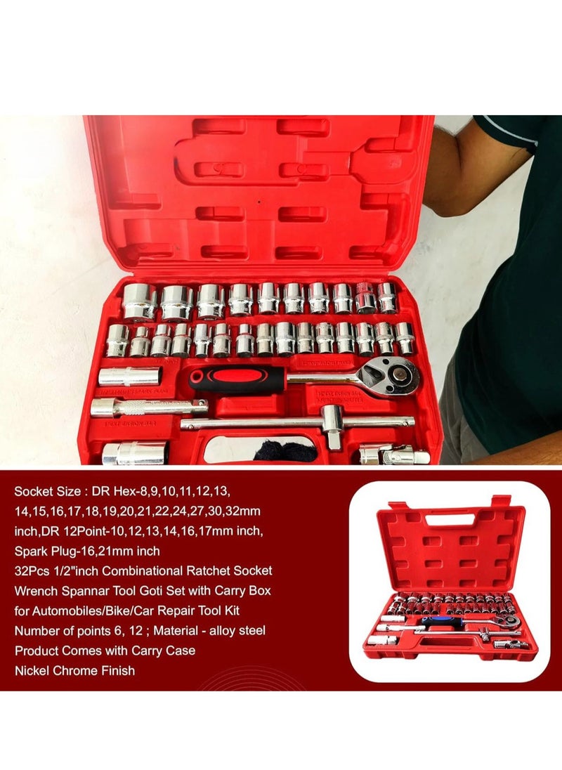 Generic Inditrust 32Pcs 1/2" inch Combinational Ratchet Socket Wrench Spannar Tool Goti Set with Carry Box for Automobiles/Bike/Car Repair Tool Kit Socket Set (Pack of 32) (32pc in Red box)  - Image 4