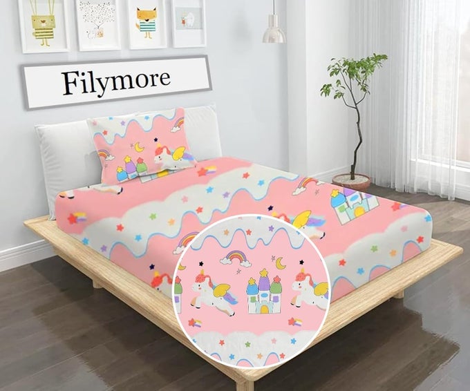 STAR UNICORN SINGLE BEDSHEET FOR KIDS GIRLS 240 TC CUTE CARTOON BEDSPREAD MICROFIBER SIZE 60 X 90 INCHES 1 BEDSHEET WITH PILLOW COVER SKYBLUE RED AND WHITE
