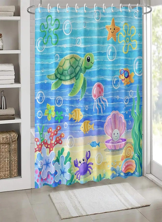 ستارة حمام من IOHEFY بتصميم حيوانات بحرية لطيفة، مقاس 70.8 × 70.8 بوصة، مزودة بخطافات، بتصميم كرتوني لسلاحف بحرية وأسماك وقناديل بحر وسرطانات، مصنوعة من القماش، ديكور حمام مناسب لحوض استحمام الأطفال - Image 4