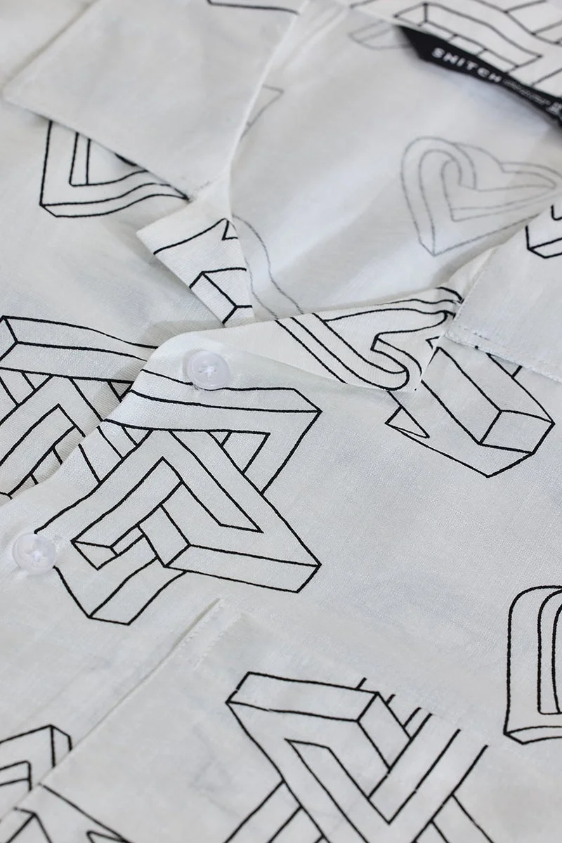 سنيتش Light Ivory White Geometric Long Sleeve Regular Fit Shirt