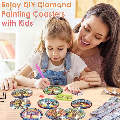 ijbnhd 8 PCS Tree of Life Diamond Art Coasters Diamond Painting Coasters Kits with Holder Tree of Life DIY Coasters for Beginners Adults Crafts Supplies 4X4inch (Cork Wooden Pad) - Image 4