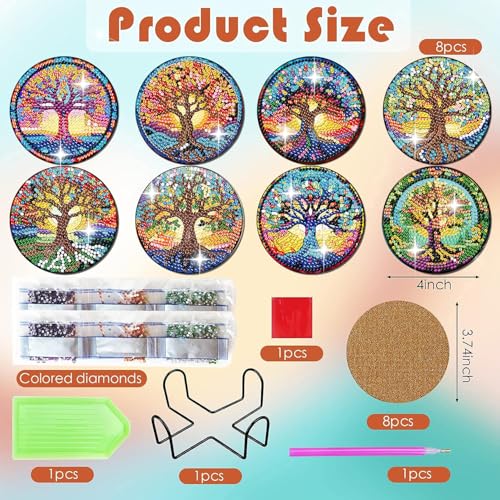 ijbnhd 8 PCS Tree of Life Diamond Art Coasters Diamond Painting Coasters Kits with Holder Tree of Life DIY Coasters for Beginners Adults Crafts Supplies 4X4inch (Cork Wooden Pad) - Image 3