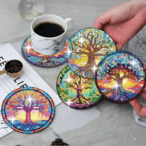 ijbnhd 8 PCS Tree of Life Diamond Art Coasters Diamond Painting Coasters Kits with Holder Tree of Life DIY Coasters for Beginners Adults Crafts Supplies 4X4inch (Cork Wooden Pad) - Image 5