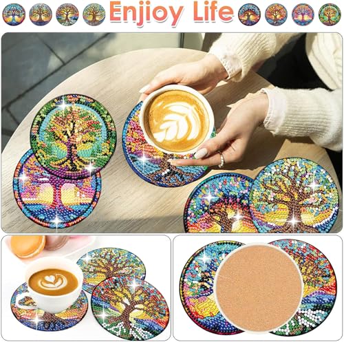 ijbnhd 8 PCS Tree of Life Diamond Art Coasters Diamond Painting Coasters Kits with Holder Tree of Life DIY Coasters for Beginners Adults Crafts Supplies 4X4inch (Cork Wooden Pad) - Image 2