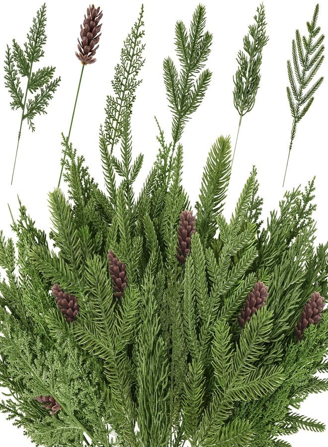 Vellibring 50PCS Christmas Norfolk Pine Branches, 6 Styles Artificial Christmas Norfolk Branches Artificial Greenery Real Touch Pine Needle Branches Stems Sprigs for Xmas DIY Making Garland Wreath Home Decor - Image 1
