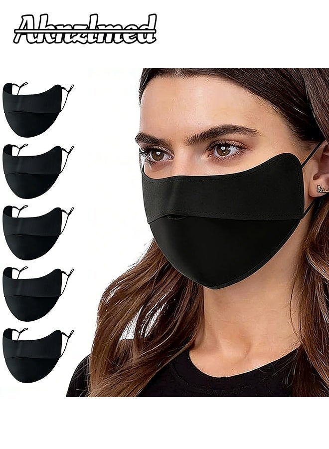 أكنزلмед 5 قطع أغطية وجه قطنية سوداء قابلة لإعادة الاستخدام للرجال والنساء، تصميم أنف منحني لملاءمة تامة، أحبال مطاطية قابلة للتعديل لا تسبب ألم في الأذن، مضادة للغبار وحامية من الأشعة فوق البنفسجية، قابلة للغسل ومتينة، مثالية للتنقل اليومي والرياضة الخارجية - Image 1