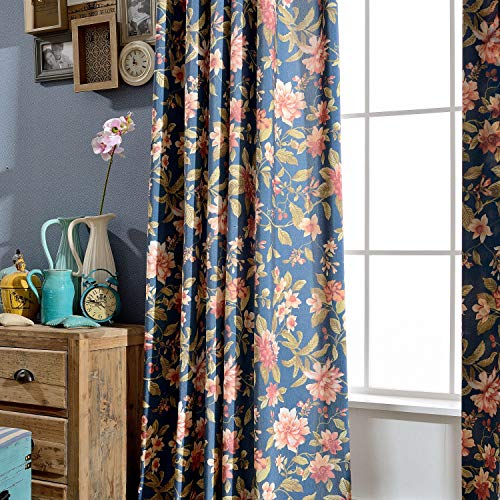 Melodieux Blooming Flower Print Vintage Style Room Darkening Grommet Curtain Drapes for Living Room Bedroom Dining Room, 52 by 84 Inch, Navy (2 Panels) - Image 5