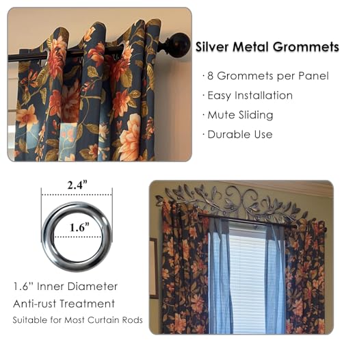 Melodieux Blooming Flower Print Vintage Style Room Darkening Grommet Curtain Drapes for Living Room Bedroom Dining Room, 52 by 84 Inch, Navy (2 Panels) - Image 2