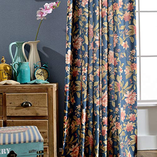 Melodieux Blooming Flower Print Vintage Style Room Darkening Grommet Curtain Drapes for Living Room Bedroom Dining Room, 52 by 84 Inch, Navy (2 Panels) - Image 4