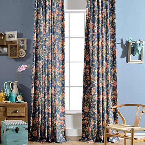 Melodieux Blooming Flower Print Vintage Style Room Darkening Grommet Curtain Drapes for Living Room Bedroom Dining Room, 52 by 84 Inch, Navy (2 Panels) - Image 3
