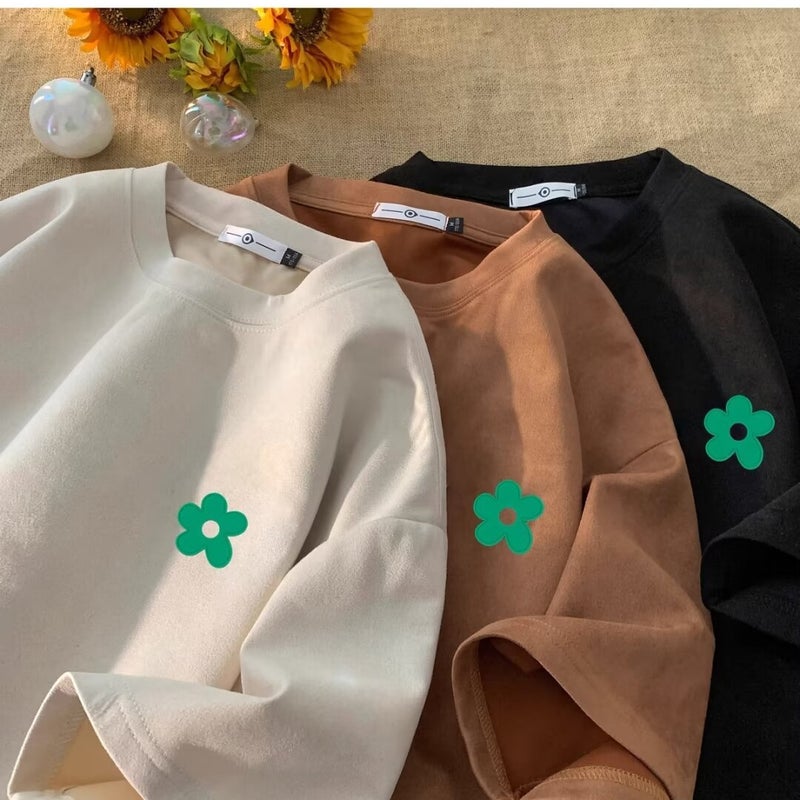 American-Style Retro Round Neck Short-Sleeved T-Shirt Men'S Summer Suede Heavy-Weight Hong Kong-Style Design Loose Couple'S Half-Sleeved Top T - Image 2