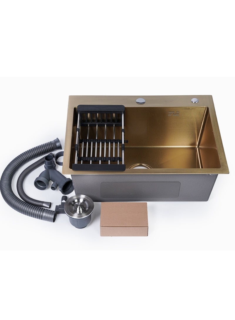 ODONAO Premium Stainless Steel Kitchen Sink, 60x45x22 cm, Single Bowl, Gold Finish, Durable Modern Design - Image 1