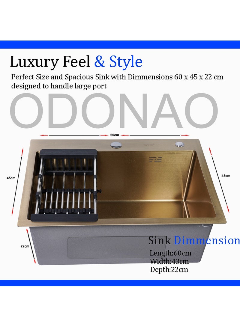 ODONAO Premium Stainless Steel Kitchen Sink, 60x45x22 cm, Single Bowl, Gold Finish, Durable Modern Design - Image 2